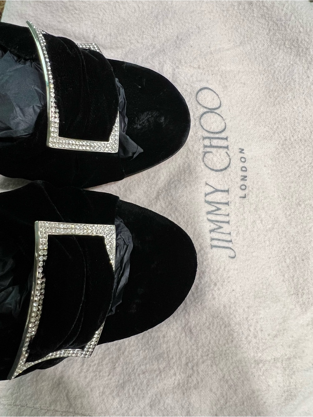 Jimmy Choo Black Velvet Rhinestone-Trim Slide Mules - Picture 15 of 16